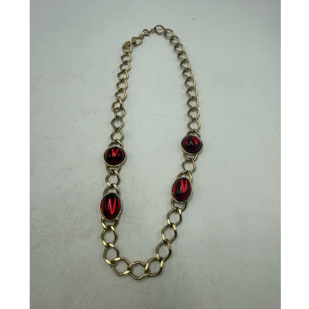 Vintage Gold Tone Red Cabochon Oval Link Chain Necklace 22 Inch